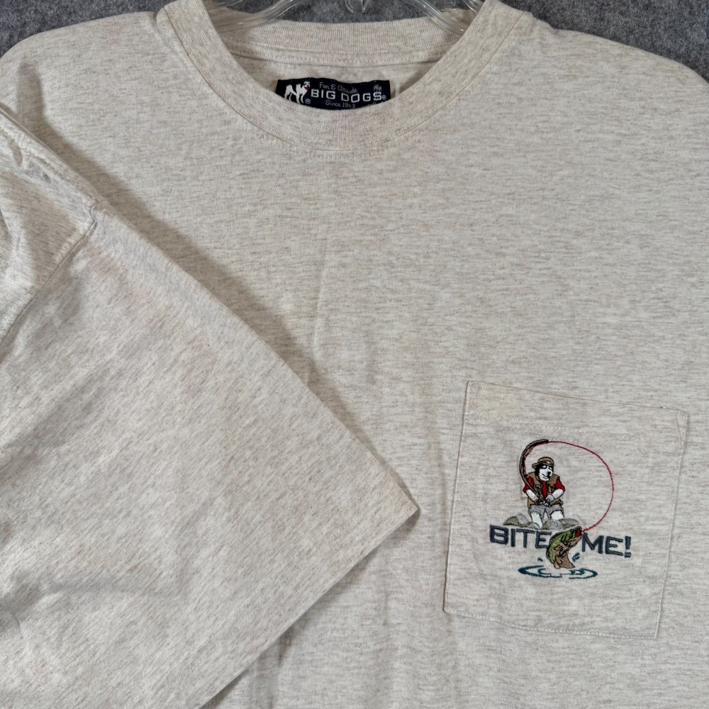 Vtg Big Dogs T-Shirt Mens 3X Pocket Graphic Tee Dog Logo Bite Me Fishing Beige